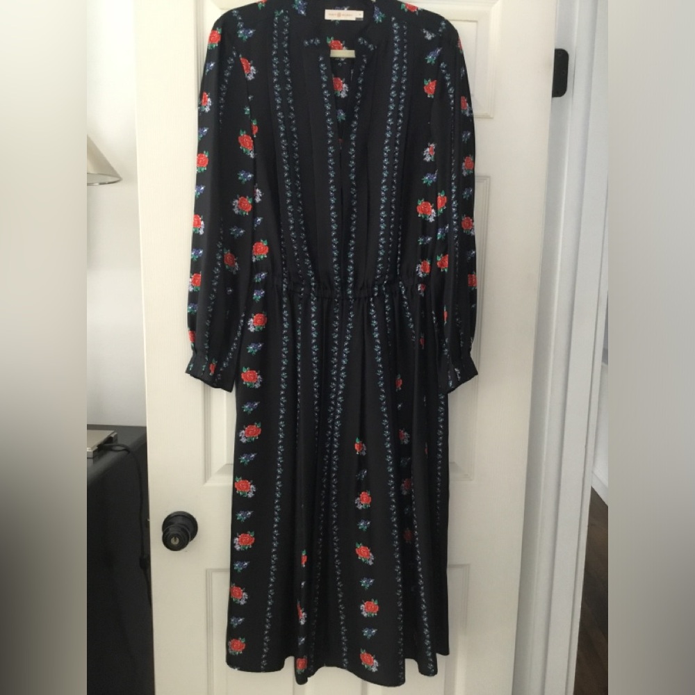 Tory Burch Black 100% Silk Floral Long Sleeve Dress Size 12  Pristine Condition
